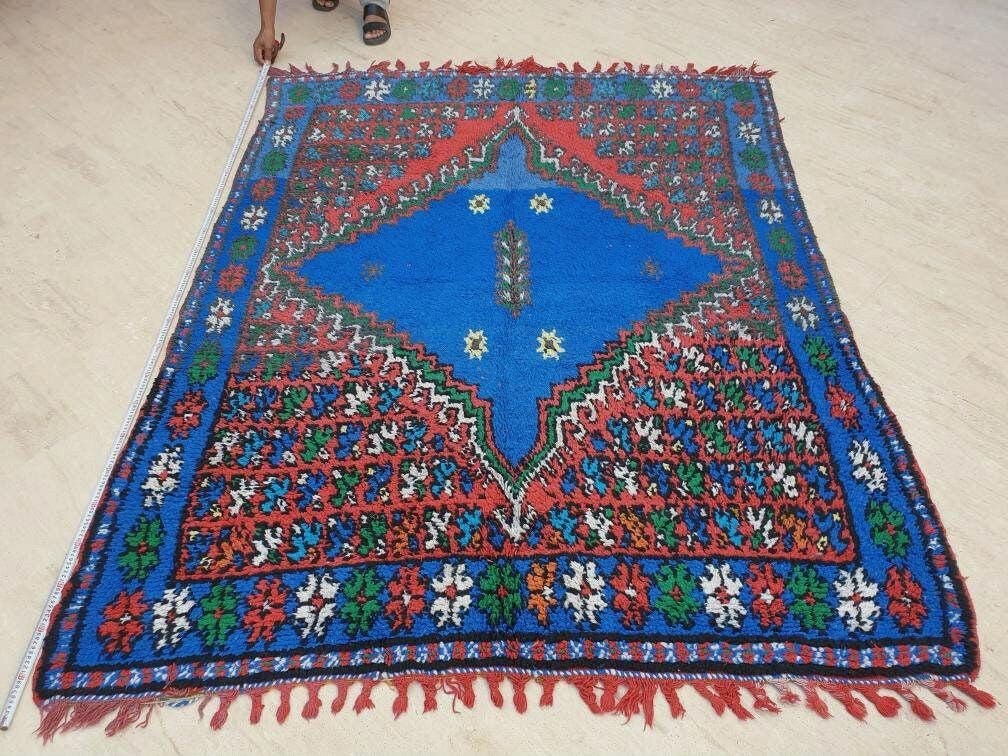 Vintage Moroccan Rug 6.3x7.8 Stunning Berber Blue Rug, Unique Rare Majorelle Bleu Boujaad Rug, Tribal living room rug