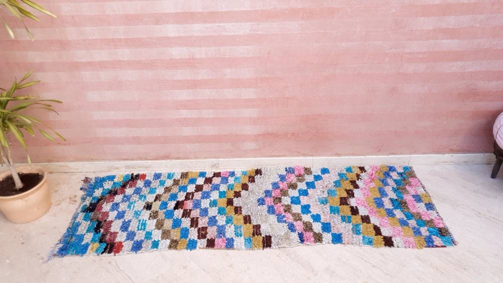 Vintage Moroccan Rug 2.5x7.7 Cute Checkered Runner Rug | Boujaad Rug  | Retro Berber Boucherouite Rug | Hallway Rug | Vintage Entry way Rug