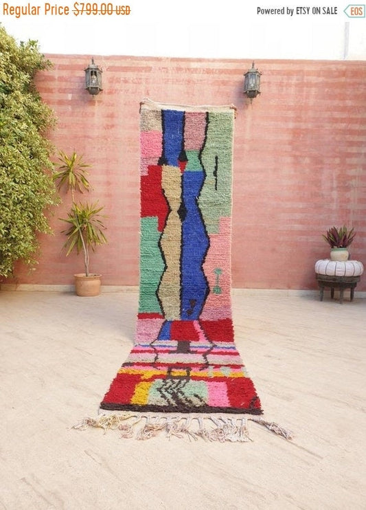 Gorgeous Moroccan rug 2.3x9.5 "Cocktail Party" Colorful Wool Runner rug, retro style cute abstract hallway boujaad rug