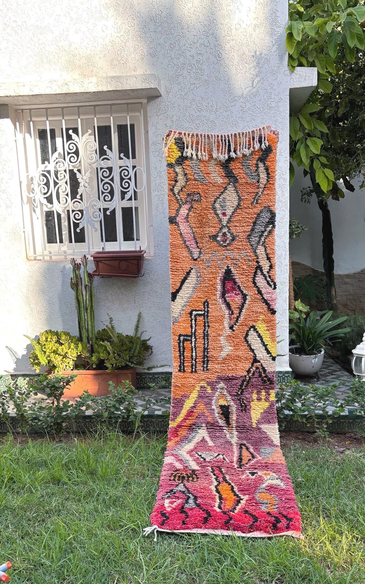 Beautiful Moroccan runner rug 2.2x9.6 unique colorful abstract moroccan rug, handmade boujaad rug, soft hallway rug