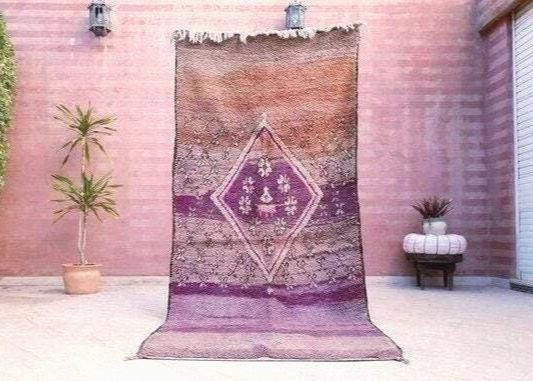 50% OFF CLOSING SALE Vintage Moroccan Rug 3.9x8.5 Gorgeous Purple Peach Blush rug "Roses & Butterflies" Unique boujaad rug mauve purple rug