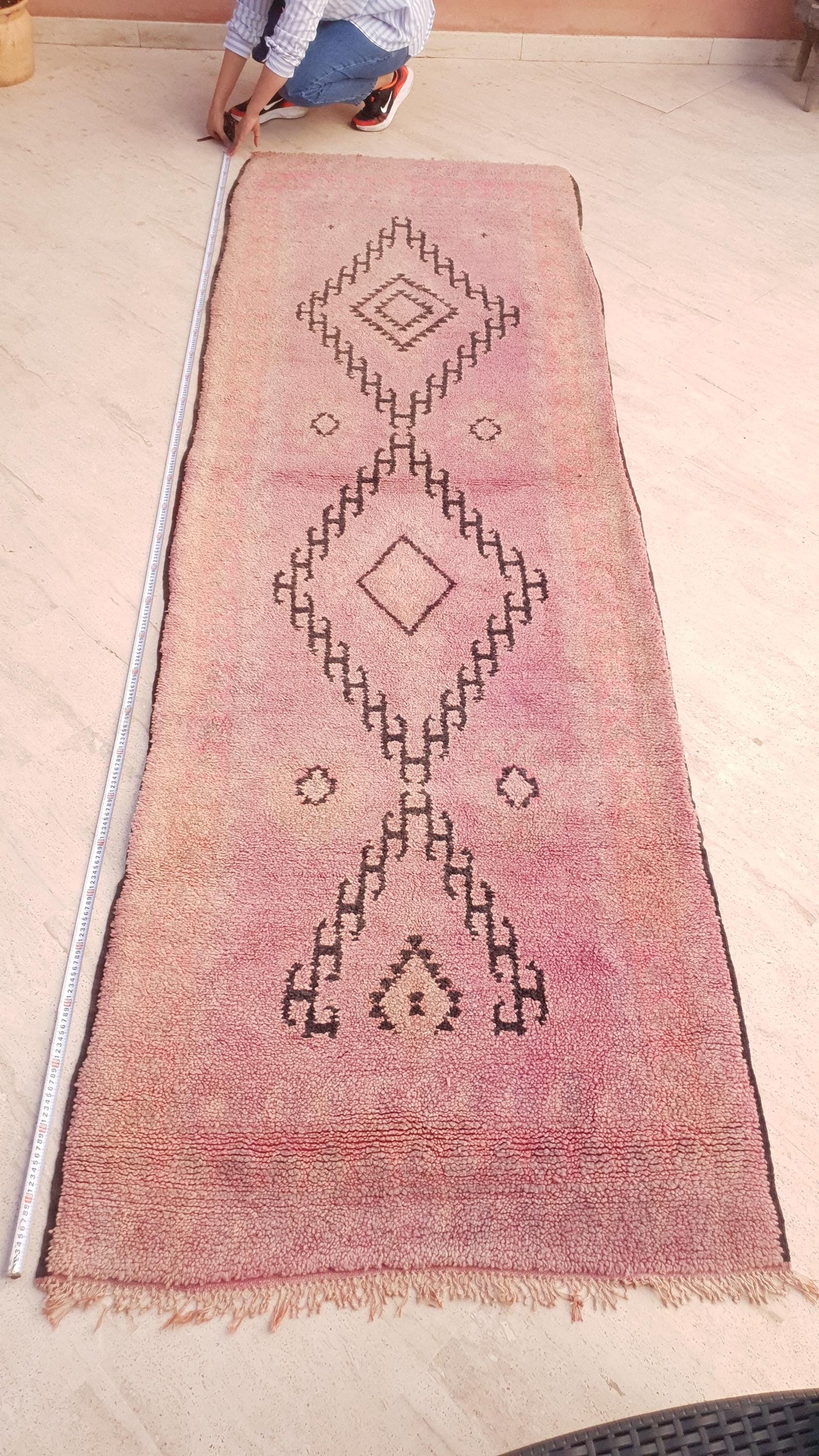 Vintage Moroccan Runner 3.4x10.7 ft • Blush Pink Boujaad Rug with Diamond Symbols • One-of-a-Kind Tribal Berber rug • pastels rug