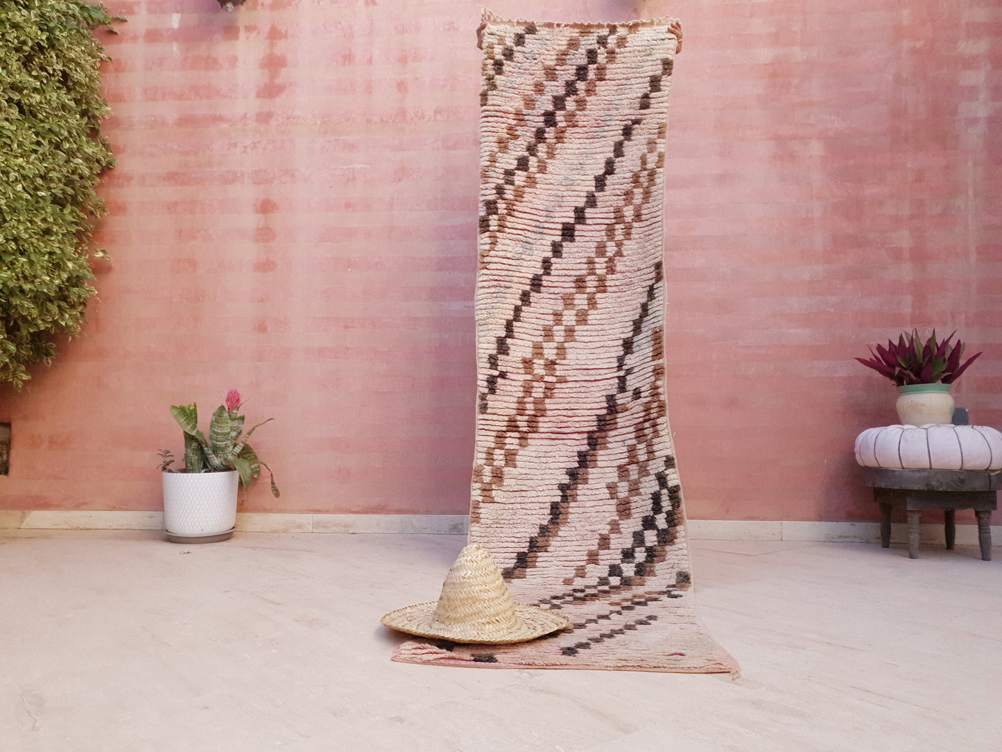 50% OFF CLOSING SALE Vintage Moroccan Rug 2.4x9.8 checkered Boujad Runner Rug, Super unique Berber Brown Blush hallway Rug, boho boujaad rug