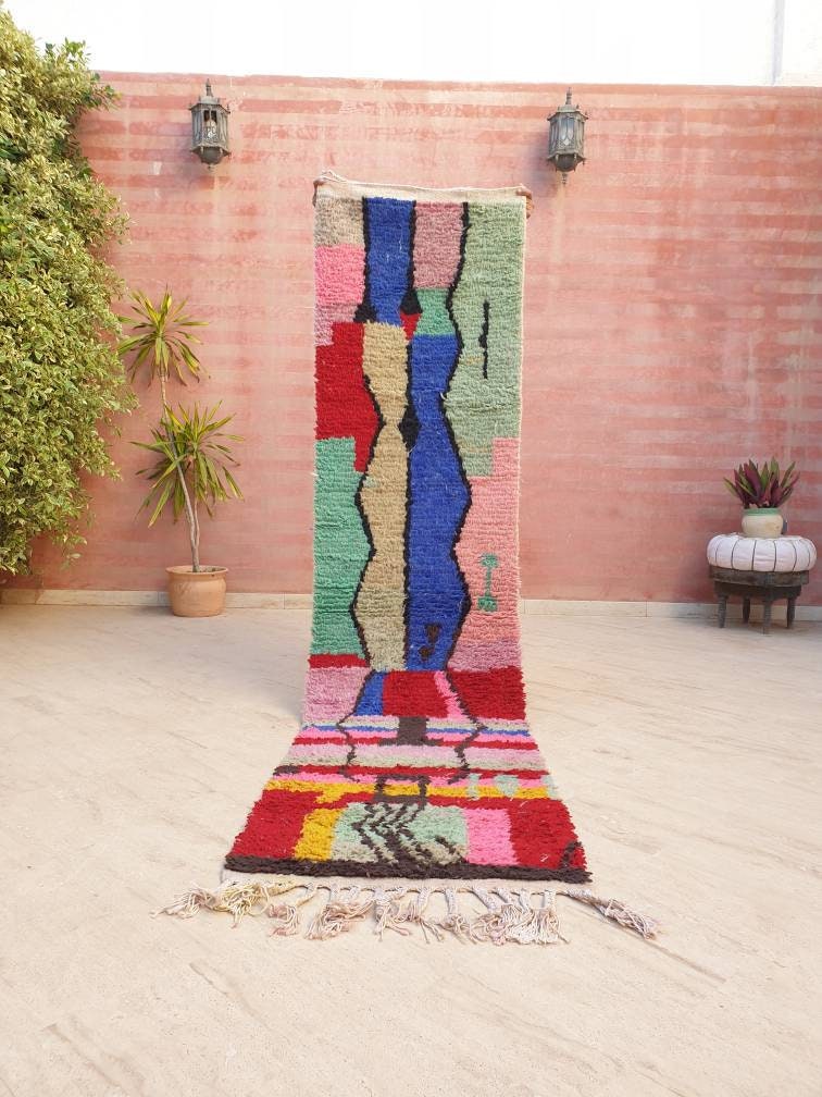 Gorgeous Moroccan rug 2.3x9.5 "Cocktail Party" Colorful Wool Runner rug, retro style cute abstract hallway boujaad rug