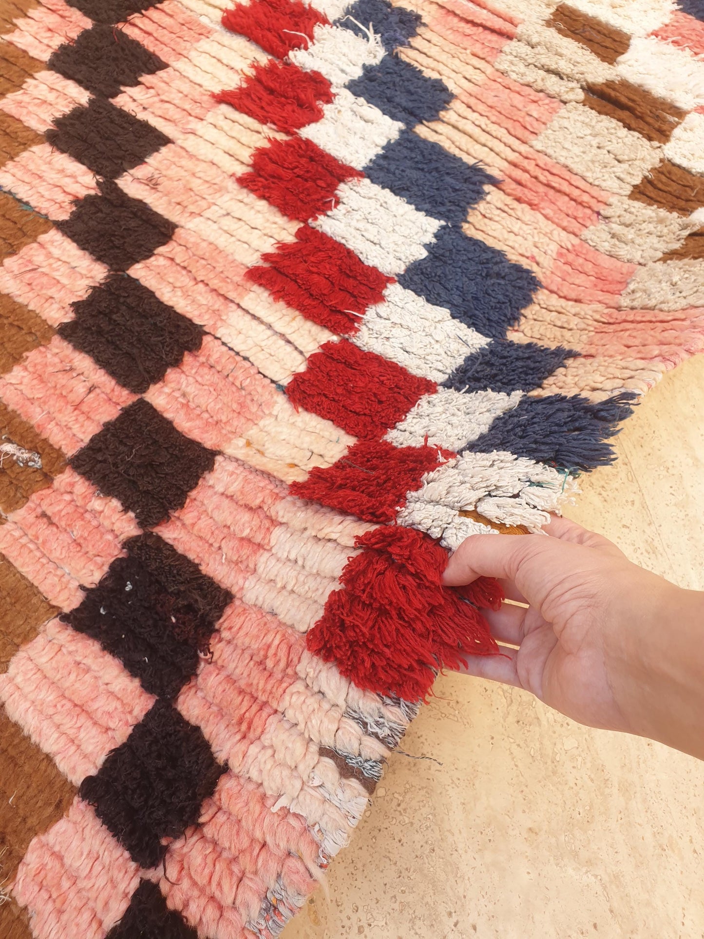 Gorgeous Moroccan Runner Rug • 2.5ft x 6.6ft • Checkered Boujaad Rug • Blush Brown Pink rug • Colorful Boucherouite rug