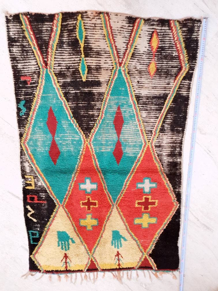 Vintage Moroccan Rug Stunning boujad Rug 3.3x5.4 Antique Boujaad Rug, Antique Berber Boucherouite Rug  Vintage Accent Rug, Entry way Rug