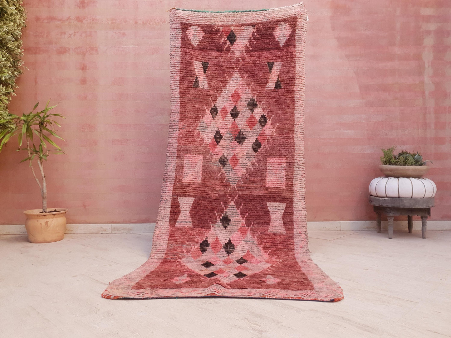 Vintage Moroccan Rug 3.5x8.5 Gorgeous Boujaad Blush Pink Brown rug, Beige Cream Hallway rug, Unique runner rug Authentic Berber Boujad rug