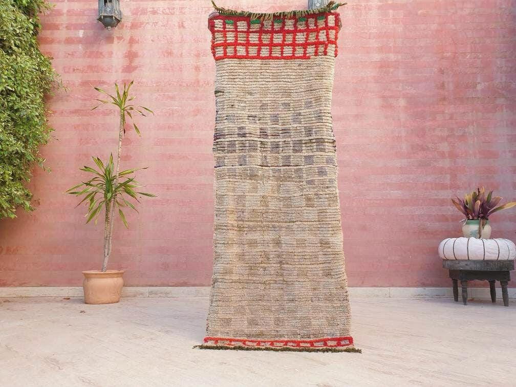 Vintage Moroccan rug 2x5.5 Gorgeous Blush Beige Red Grid Checkered rug | Boujaad hallway rug boujad statement piece