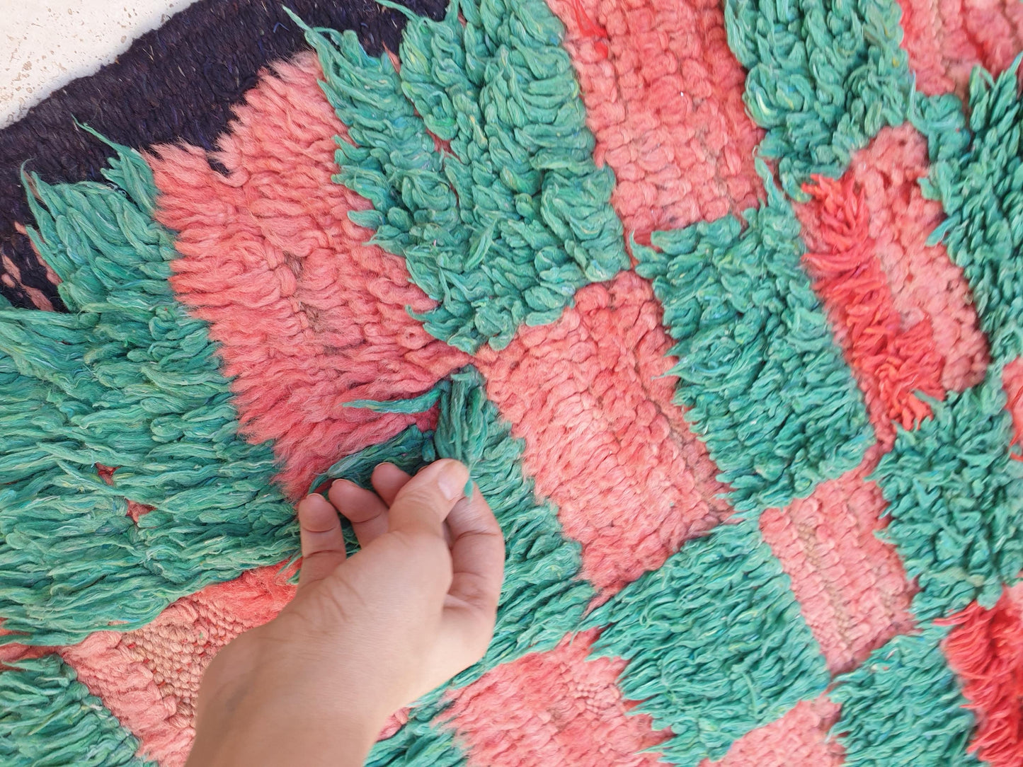 Gorgeous Green Moroccan Rug 5.6x6.9 ft Checkered green pink coral tribal rug, unique boujaad rug, squarish berber rug, salmon handmade rug
