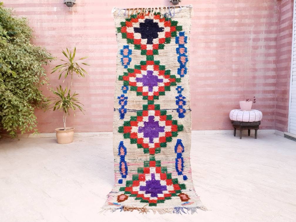 Vintage Moroccan Rug 3x7.2 Boujaad rug, Unique Boucherouite runner Rug, Boujad Rug | Hallway rug | living room rug  moroccan runner  rug