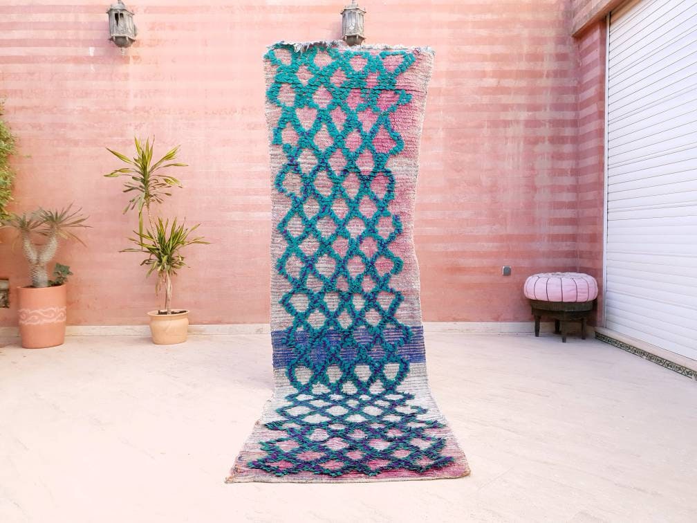 50% OFF CLOSING SALE Vintage Moroccan Rug 2.8x9.8 blush Boujaad runnger rug, Unique geometric Morrocan rug  bedroom rug, living room rug