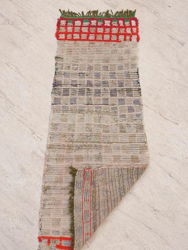 Vintage Moroccan rug 2x5.5 Gorgeous Blush Beige Red Grid Checkered rug | Boujaad hallway rug boujad statement piece