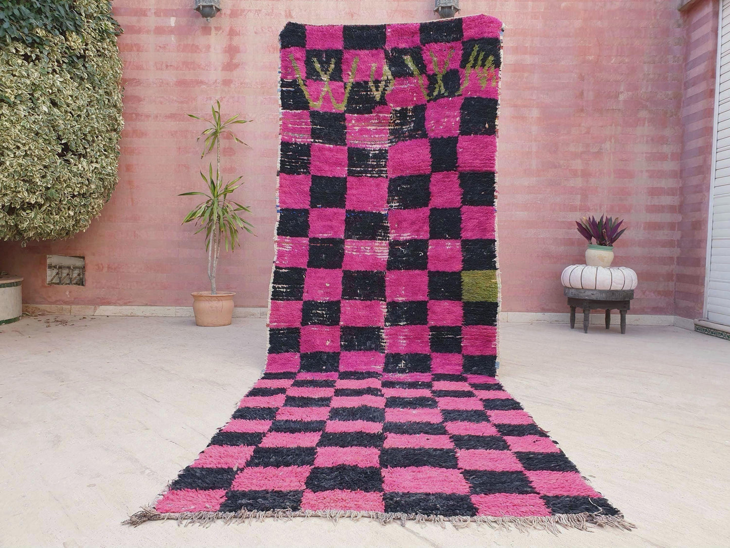 Gorgeous hot pink checkered runner rug 4x11.2 unique wide boucherouite hallway rug, wool rag Berber rug, pink green boujaad rug
