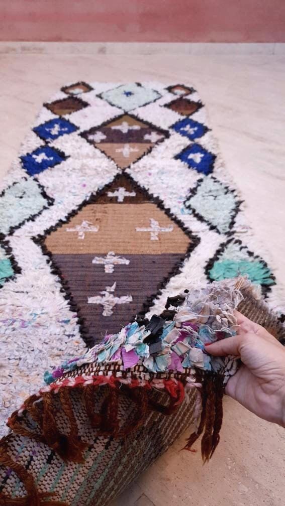 Vintage Moroccan Rug 2.6x8.6 Beautiful Boucherouite Runner Rug Aqua Blue accent runner Rug Unique Hallway rug, Brown Beige boho rug