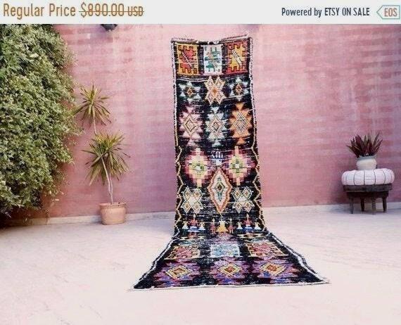 Vintage Moroccan Rug 2.7x11 Black Retro runner Rug Unique Hallway Rug bedroom living room rug boujaad runner rug