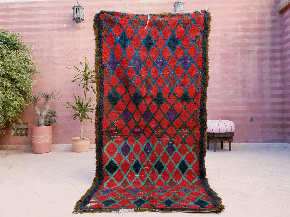 Vintage Moroccan Rug 3.5x7.3 Bold Red rug  bedroom rug, living room rug Red accent rug morocco rug