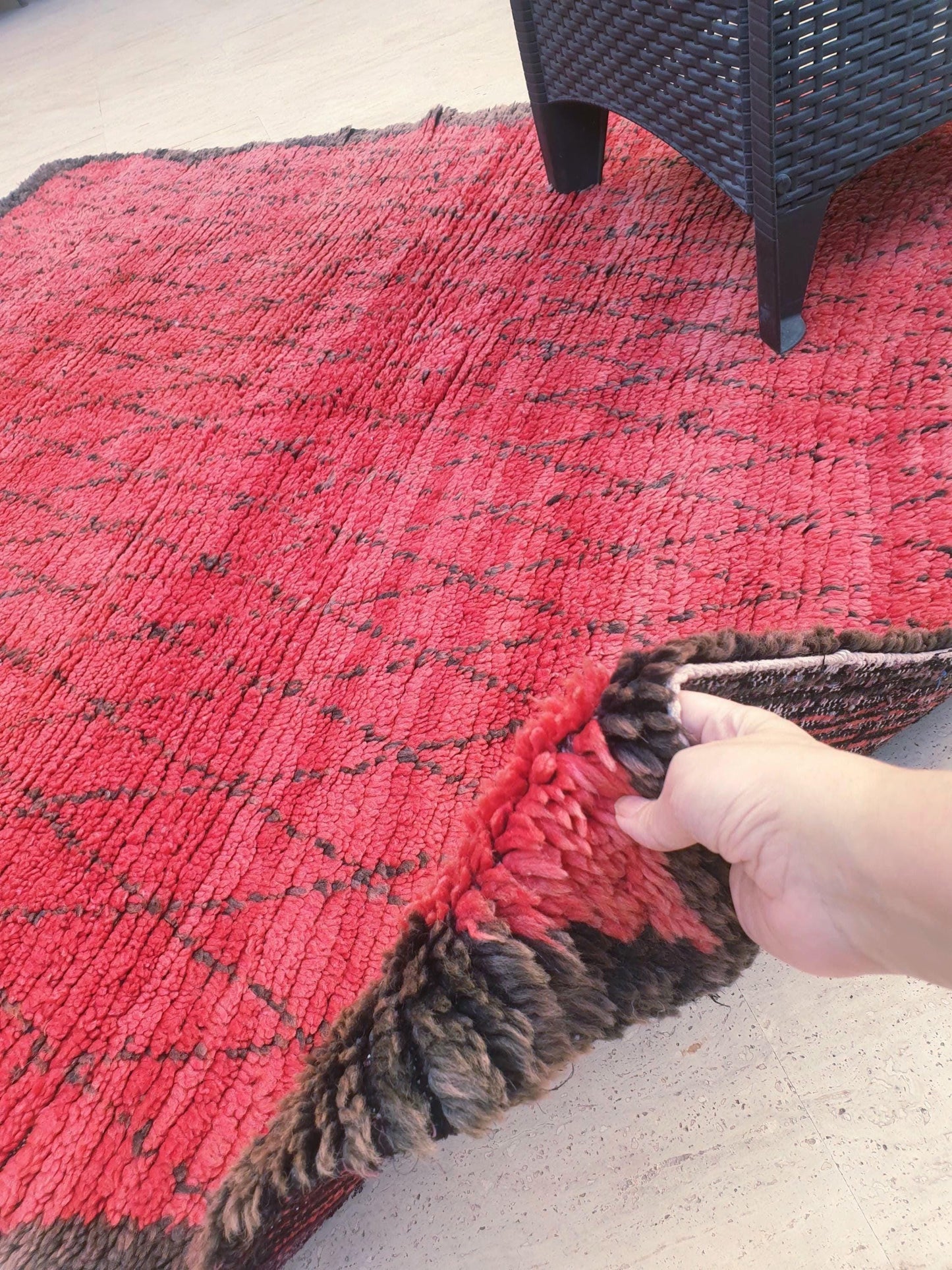 Vintage Moroccan Rug 5.3x6 Gorgeous Blush red Boujaad rug, muted red squarish rug, bedroom beni ourain rug checkered geometric rug