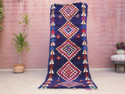 50% OFF CLOSING SALE Vintage Moroccan rug 3x7.8 Gorgeous blue purple Boucherouite Rug, hallway rug, geometric runner rug, blue boujaad rug