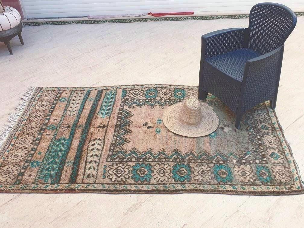 Vintage Moroccan Rug 4.5x7.6 Majestic Boujaad rug "Teal Poppies" blush Orange Geometric Rug