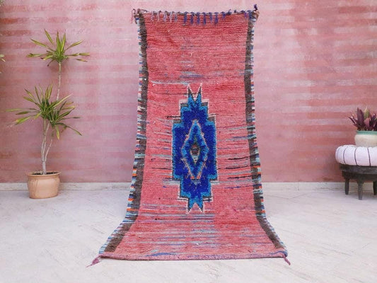 50% OFF CLOSING SALE Gorgeous Moroccan Rug 3.5x8.3 Pink Vintage Artistic Boujaad rug, Coral Hallway rug, Salmon Blue Unique colorful rug