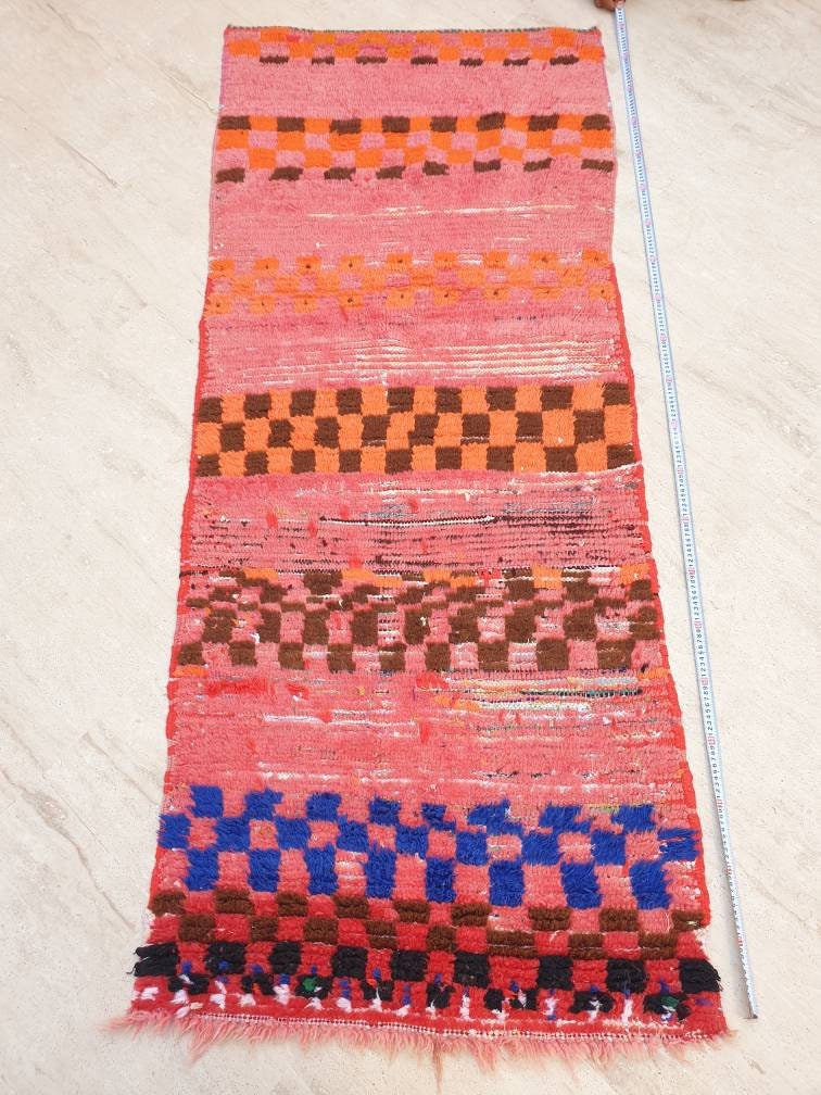 50% OFF CLOSING SALE Vintage Moroccan Rug 3x7 Gorgeous Checkered Rug | Peach Runner Rug  | Berber Tribal Rug | Pach Pink Blue Accent Rug