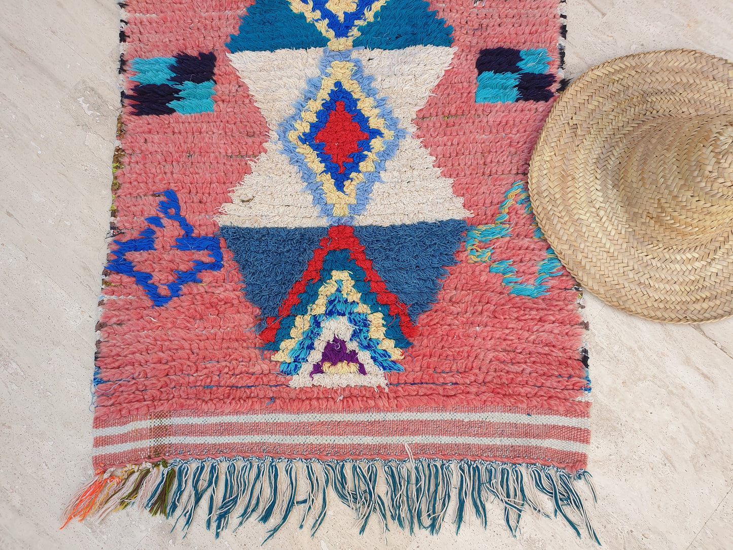 Gorgeous Moroccan rug 2.5x9 "Ibiza" Blue Pink Blue Colorful Runner rug, retro style  handmade hallway boujaad rug