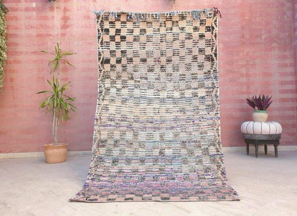 Vintage Moroccan Rug 4.2x7.1 Gorgeous Blush Checkered Boujaad Rug | living room rug | Purple Peach checkered Area Rug