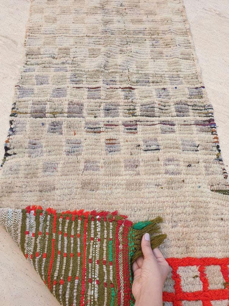 Vintage Moroccan rug 2x5.5 Gorgeous Blush Beige Red Grid Checkered rug | Boujaad hallway rug boujad statement piece