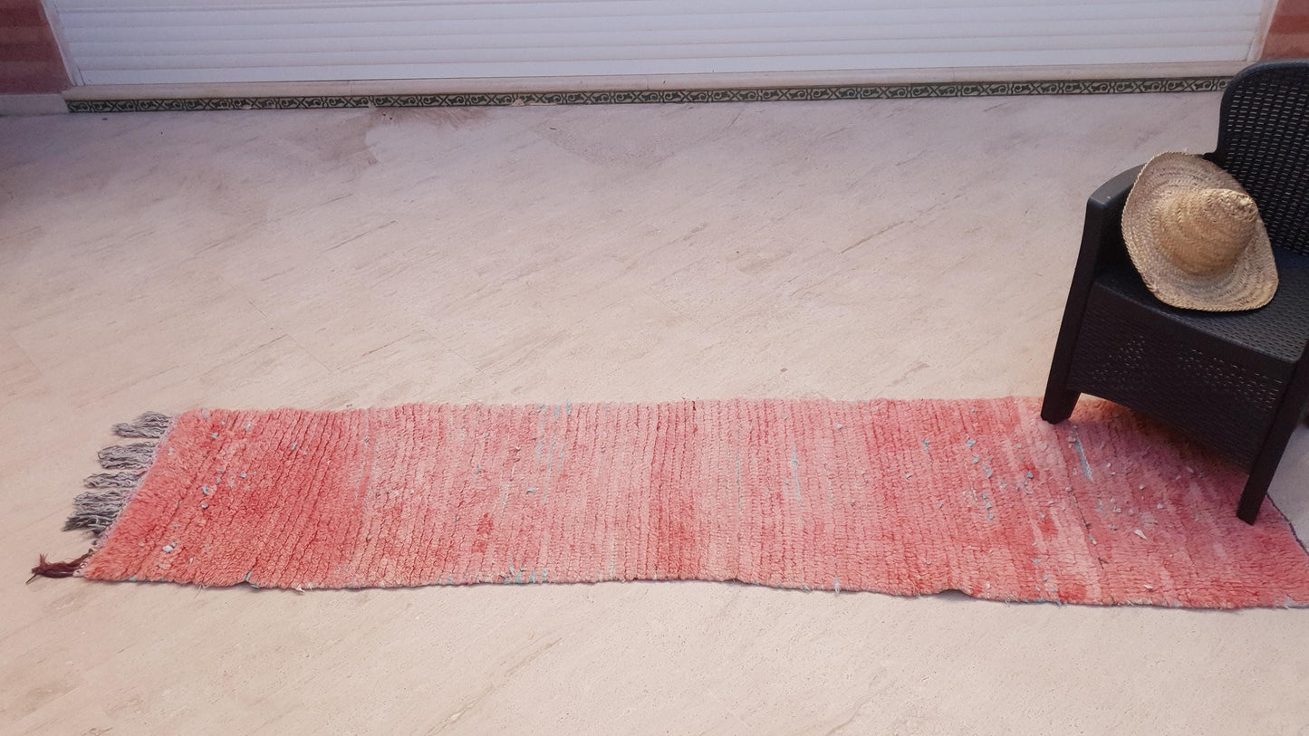 Vintage Moroccan Rug 2.2x9 Pink Boujaad Rug | Pink Panther | Hallway Rug | Vintage Bedroom Rug | peach wool Rug