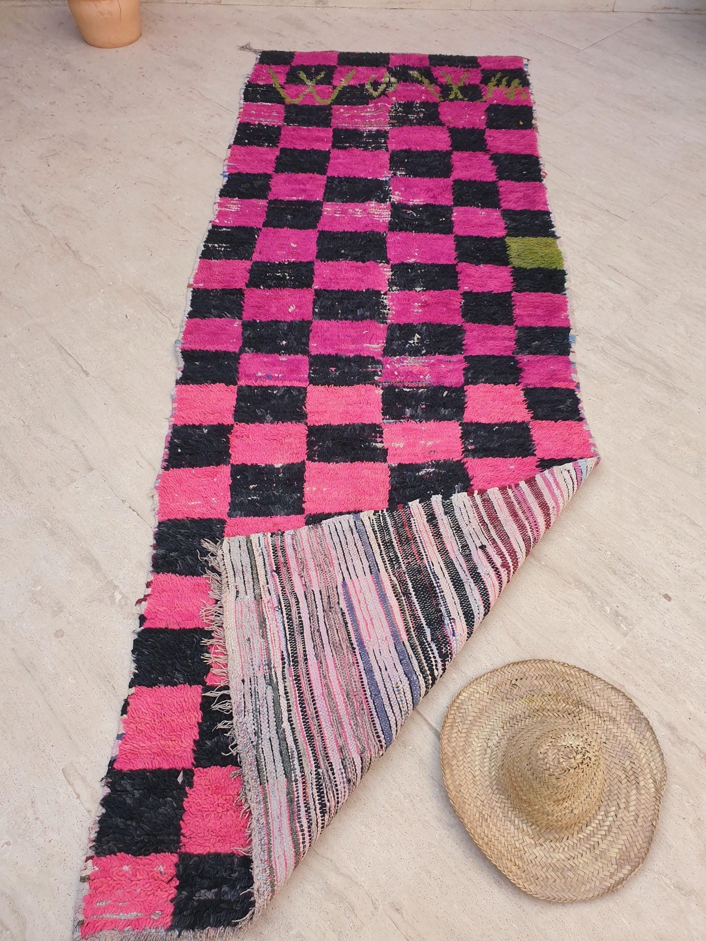 Gorgeous hot pink checkered runner rug 4x11.2 unique wide boucherouite hallway rug, wool rag Berber rug, pink green boujaad rug