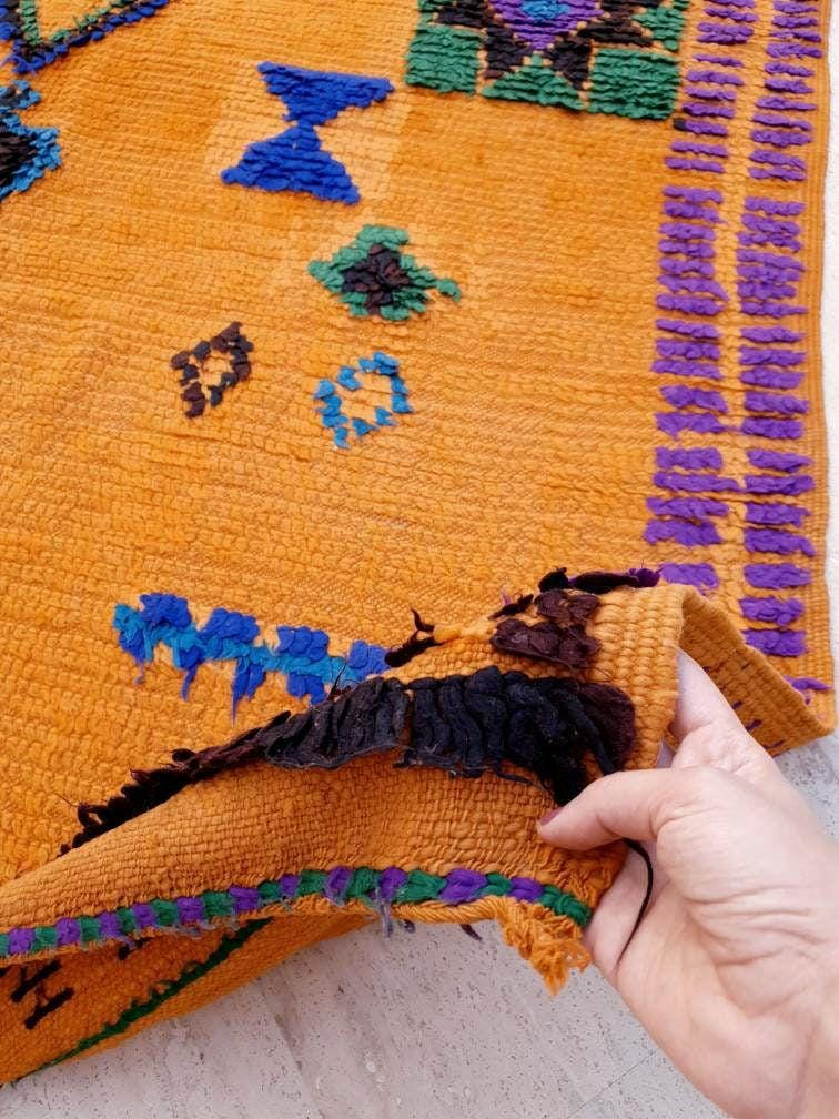 50% OFF CLOSING SALE Stunning Moroccan Rug 5.1x8.1 Super Pretty Vintage Boujaad rug, Unique boujad rug, Blue Papaya Orange Berber carpet