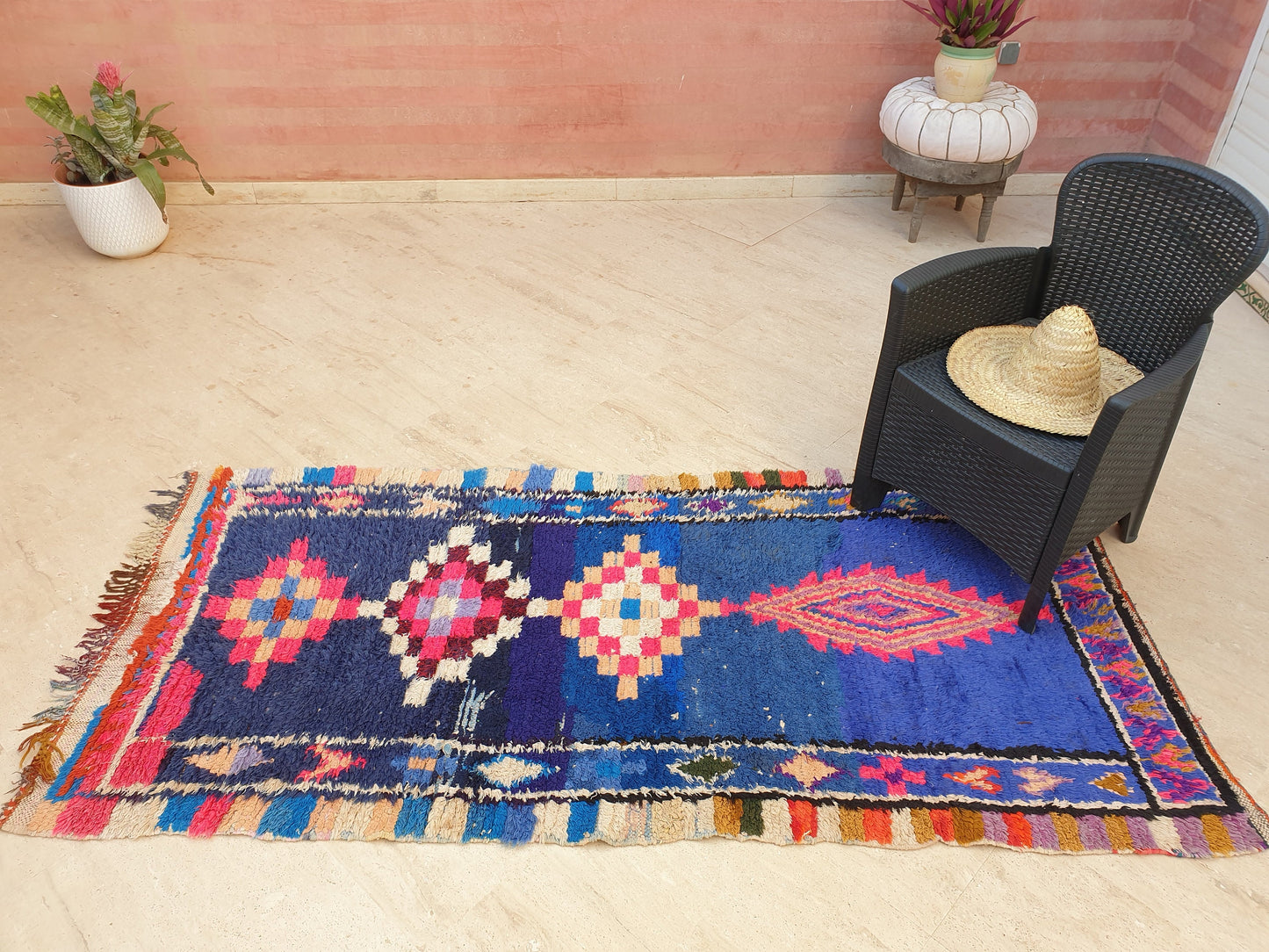 Vintage Moroccan rug 3.6x7.6 Unique Stunning blue Azilal Rug,  Abstract Berber runner rug, boujaad rug boucherouite rug