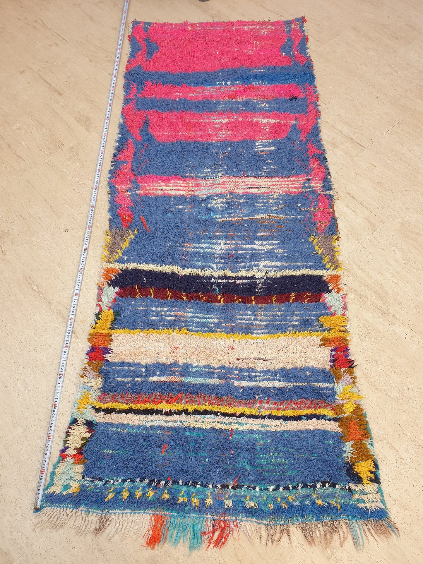 Vintage Moroccan Rug 3.2x7.8 Gorgeous Blue Pink Rug Boujaad Rug, fushia turquoise artistic Rug, boho boujaad rug