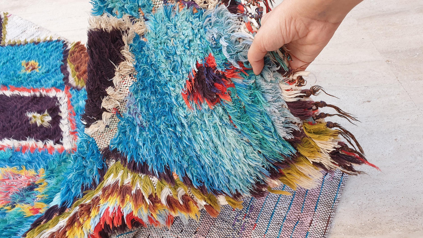 Gorgeous Moroccan vintage runner rug 2.2x9.5 teal blue rug boucherouite berber rug