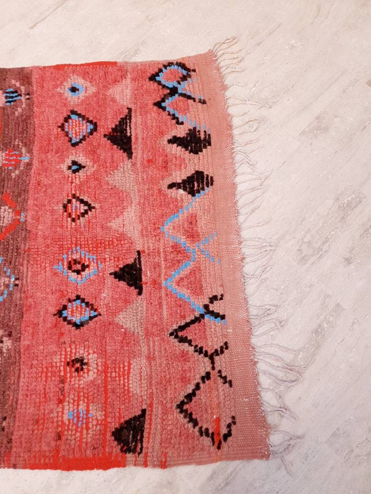 Vintage Moroccan rug 4x8.4 Unique boujaad rug "6 People" Blush pink Antique beige Boujad rug, Unique bohemian bedroom rug morocco rug