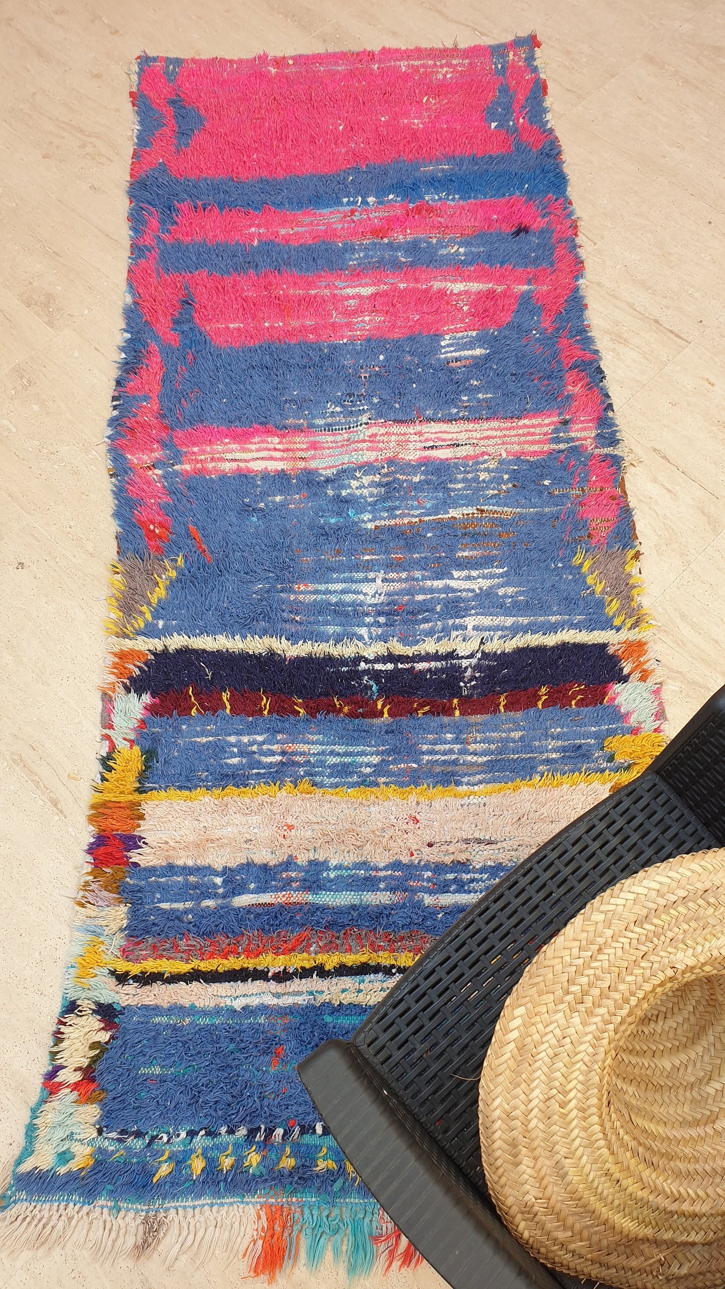 Vintage Moroccan Rug 3.2x7.8 Gorgeous Blue Pink Rug Boujaad Rug, fushia turquoise artistic Rug, boho boujaad rug