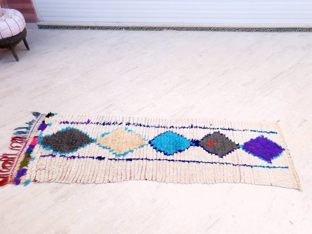 Vintage Moroccan rug 2.3x7.5 Unique Lovely hallway rug, beige runner rug, boujaad rug, boucherouite rug, morocco rug