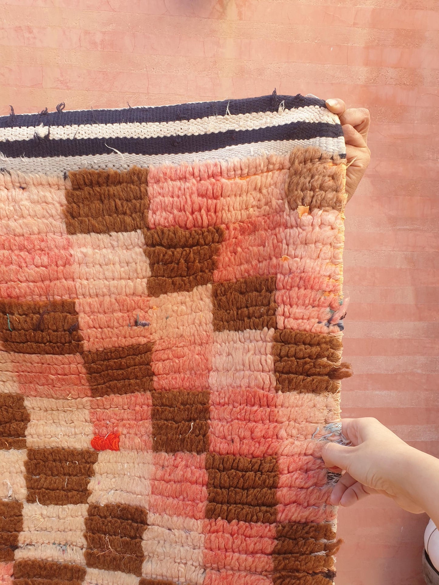 Gorgeous Moroccan Runner Rug • 2.5ft x 6.6ft • Checkered Boujaad Rug • Blush Brown Pink rug • Colorful Boucherouite rug