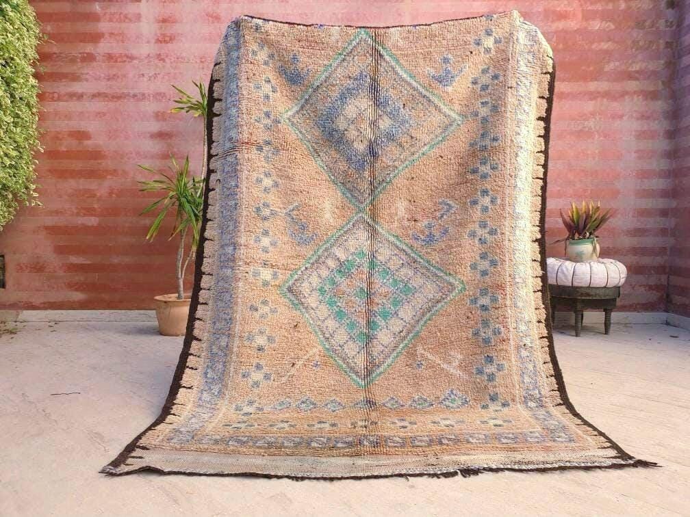 50% OFF CLOSING SALE Vintage Moroccan Rug 5.4x7 Marvelous large cream rug Latté Boujaad Teal Beige rug, pastels morocan rug, squarish carpet