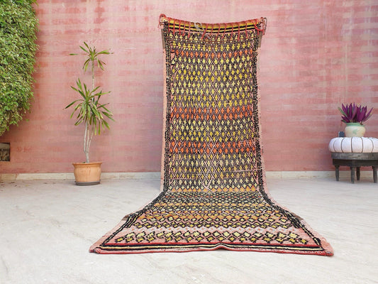 Vintage Moroccan Rug 3.5x11.5 Stunning Antique Boujaad Rug Enthralling Boujad, Pink Peach Rug, tribal rug