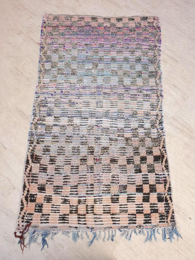 Vintage Moroccan Rug 4.2x7.1 Gorgeous Blush Checkered Boujaad Rug | living room rug | Purple Peach checkered Area Rug