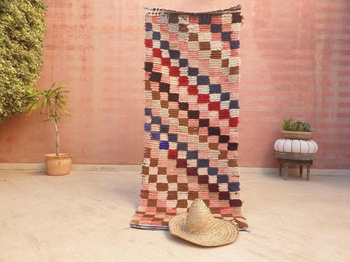 Gorgeous Moroccan Runner Rug • 2.5ft x 6.6ft • Checkered Boujaad Rug • Blush Brown Pink rug • Colorful Boucherouite rug