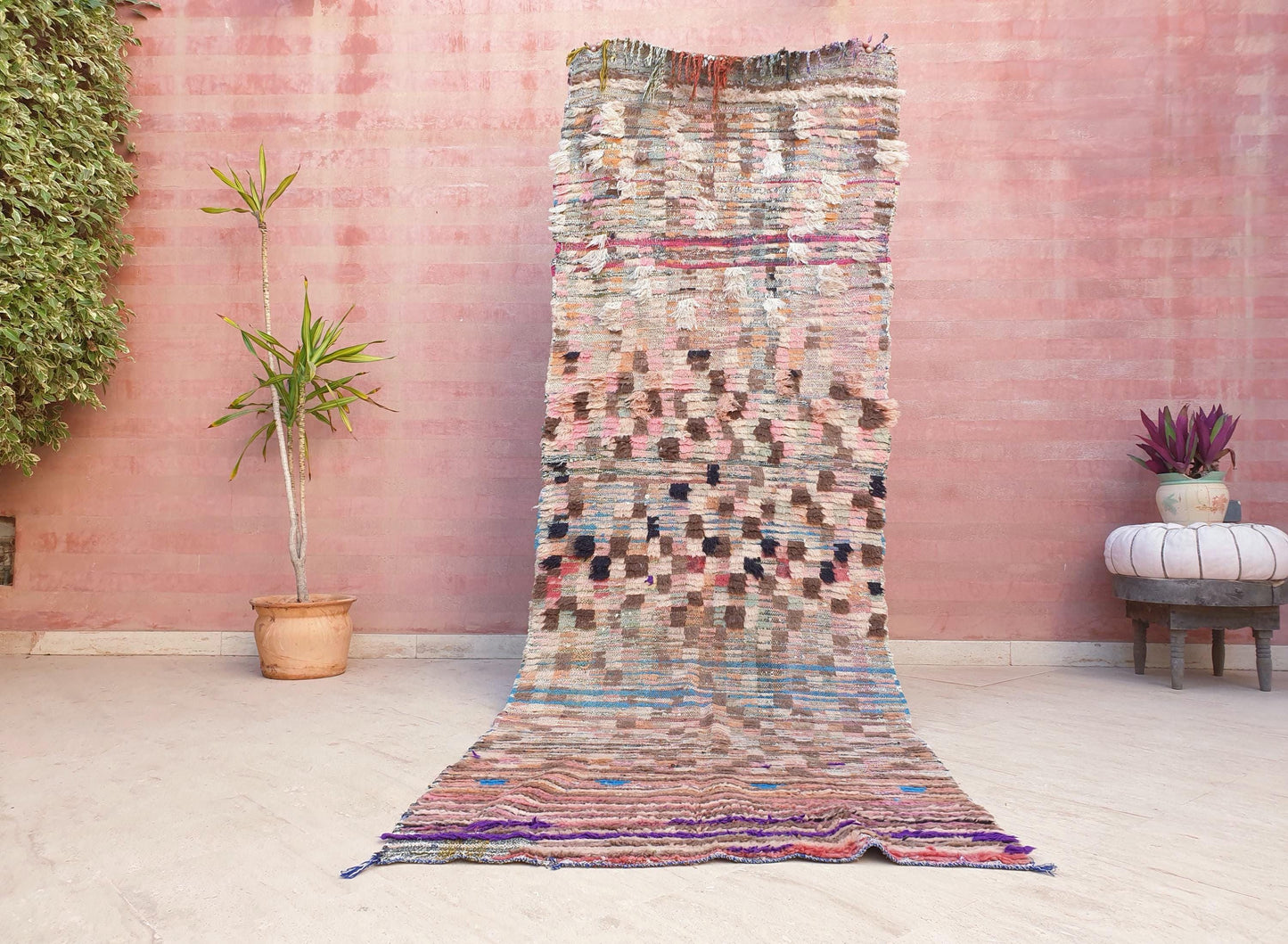 50% OFF CLOSING SALE Vintage Moroccan rug 3.3x10 Gorgeous Blush earth tones Checkered rug | Pinl Brown Boujaad rug, boujad statement piece