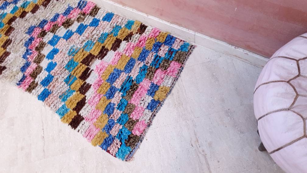 Vintage Moroccan Rug 2.5x7.7 Cute Checkered Runner Rug | Boujaad Rug  | Retro Berber Boucherouite Rug | Hallway Rug | Vintage Entry way Rug