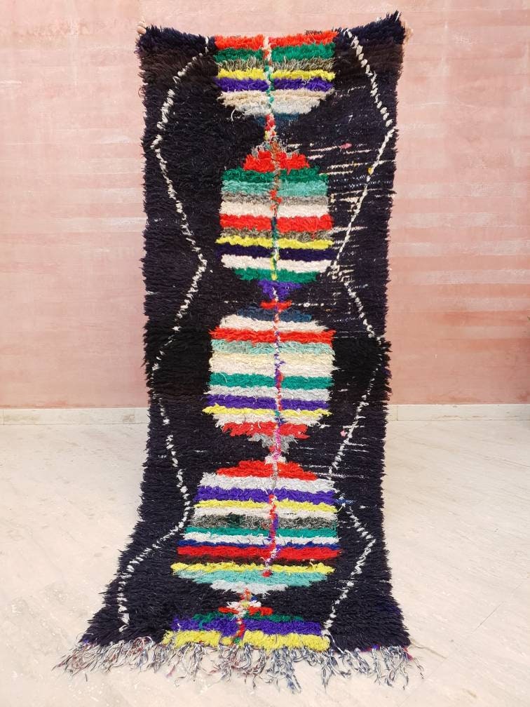 Vintage Moroccan Rug 2.7x7.5 black navy Runner Rug, Azilal rug, Black boucherouite rug, living room rug morrocan bedroom rug, boho rug,