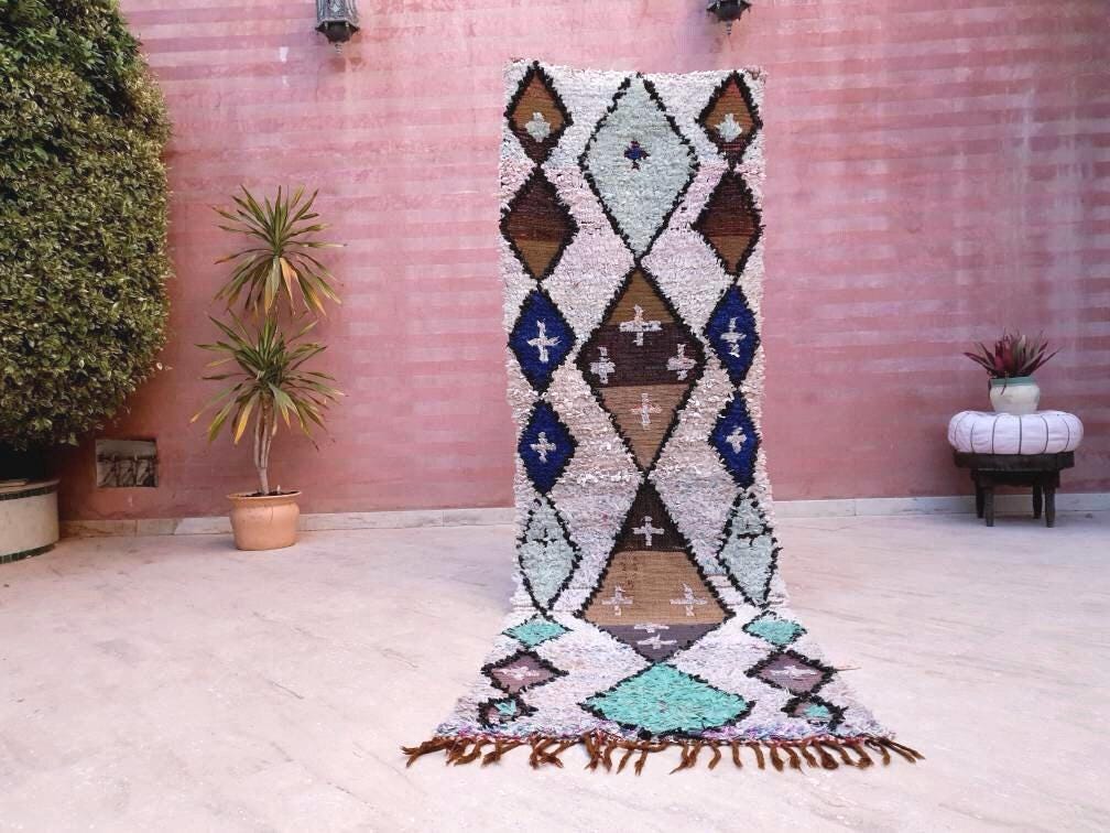 Vintage Moroccan Rug 2.6x8.6 Beautiful Boucherouite Runner Rug Aqua Blue accent runner Rug Unique Hallway rug, Brown Beige boho rug