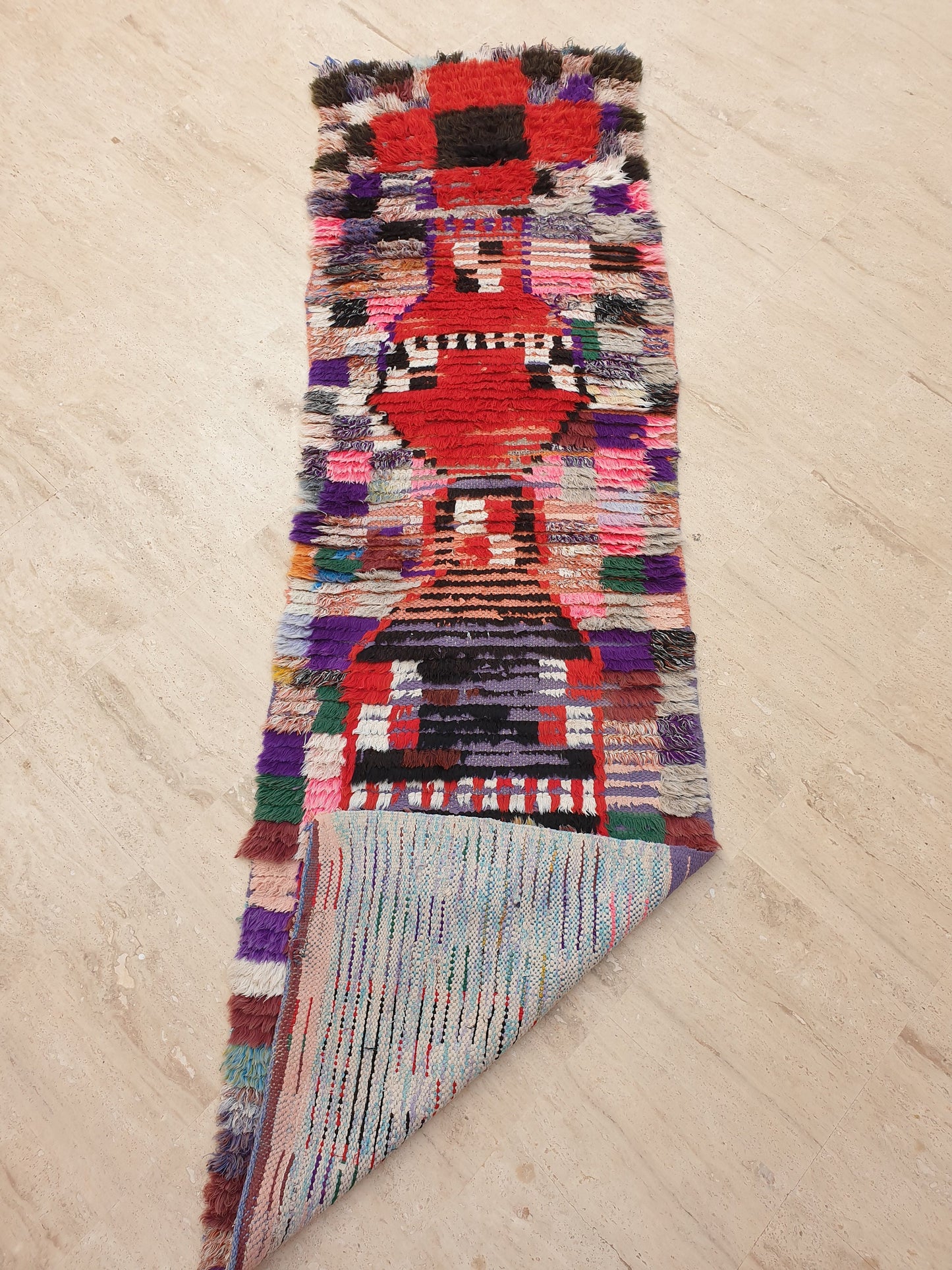 Vintage Moroccan Rug 2.2x7.6 Super Pretty Runner Rug | Boujaad Rug  | Antique Berber Boucherouite Rug | Hallway Rug | Vintage Entry way Rug