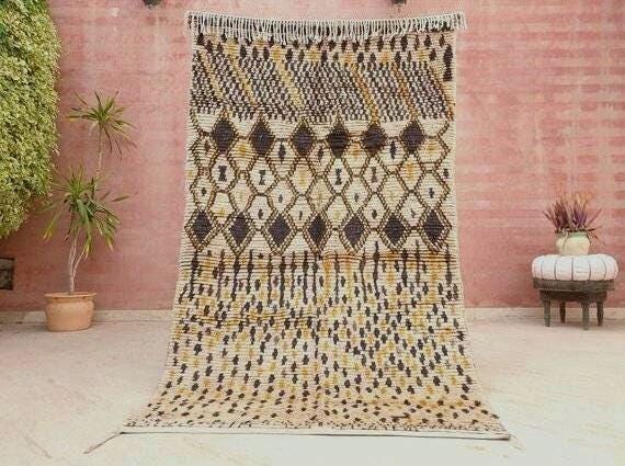 50% OFF CLOSING SALE Vintage Moroccan Rug 4x7 Stunning  Azilal Rug Mustard Brown Cream Berber Rug | Unique Tribal rug | wool bedroom rug