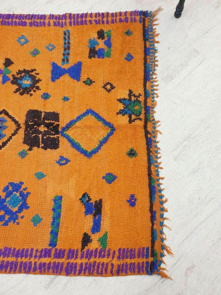 50% OFF CLOSING SALE Stunning Moroccan Rug 5.1x8.1 Super Pretty Vintage Boujaad rug, Unique boujad rug, Blue Papaya Orange Berber carpet