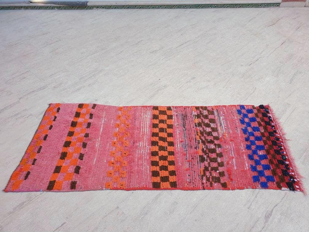 50% OFF CLOSING SALE Vintage Moroccan Rug 3x7 Gorgeous Checkered Rug | Peach Runner Rug  | Berber Tribal Rug | Pach Pink Blue Accent Rug